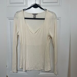 H&M Ribbed V-Neck Long Sleeve Top in Cream